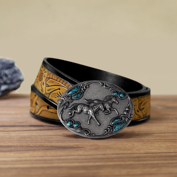 Men's DIY Running Horses Turquoise Bead Buckle Leather Belt - Antique Silver - SandyBrown Belt (40) - image 19