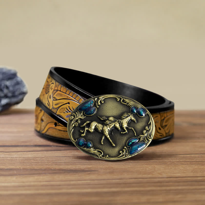 Men's DIY Running Horses Turquoise Bead Buckle Leather Belt - Antique Bronze - SandyBrown Belt (40) - image 20