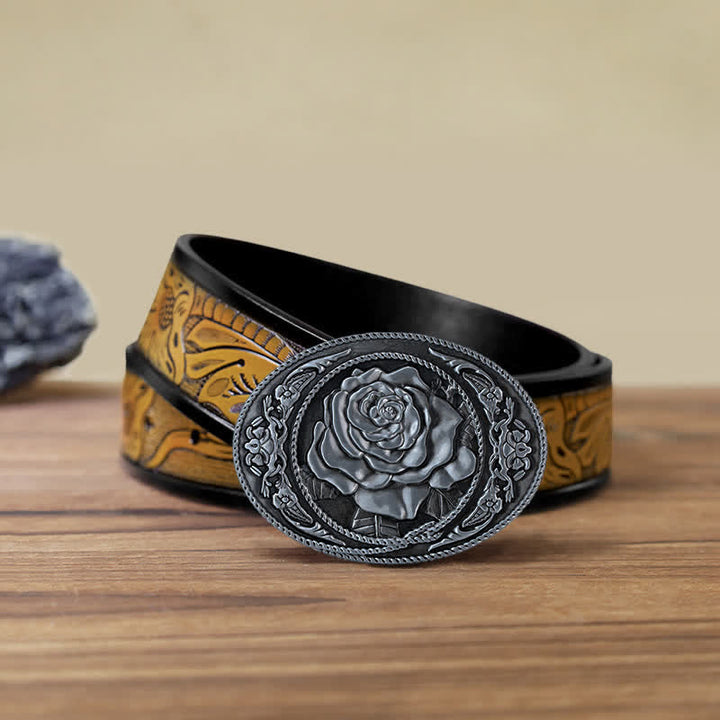 Men's DIY Trendy Western Rose Buckle Leather Belt - Antique Silver - SandyBrown Belt (40) - image 23