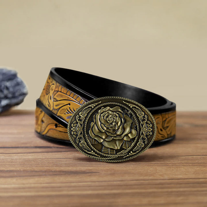 Men's DIY Trendy Western Rose Buckle Leather Belt - Antique Bronze - SandyBrown Belt (40) - image 22
