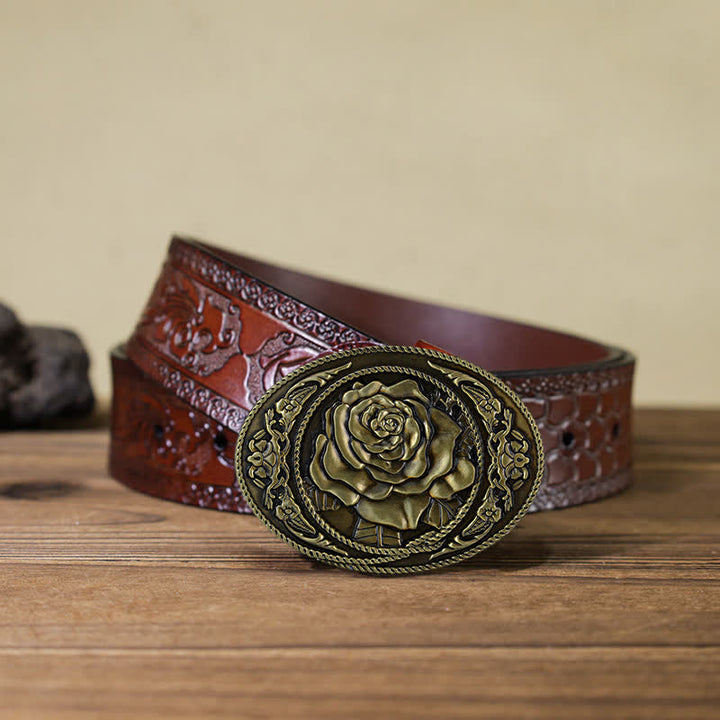 Men's DIY Trendy Western Rose Buckle Leather Belt - Antique Bronze - Brown Carved Belt (40) - image 19