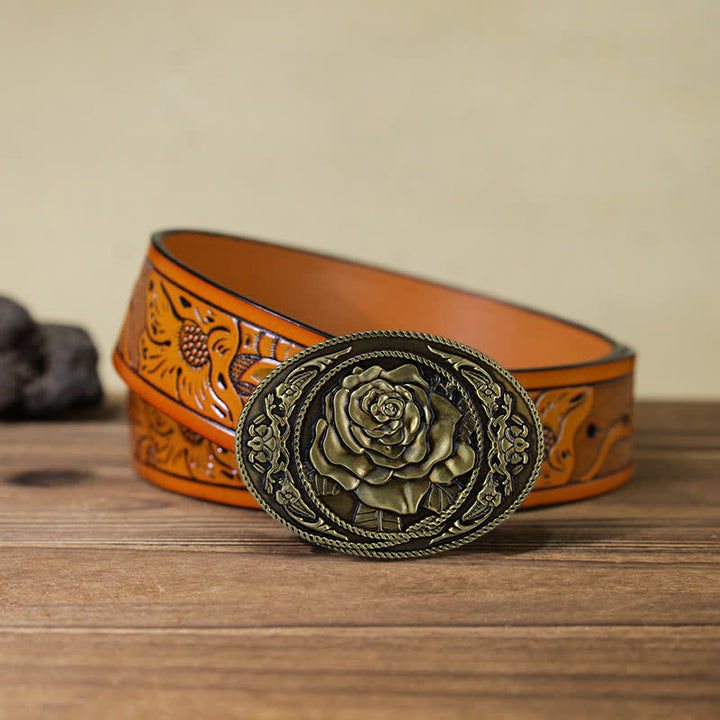 Men's DIY Trendy Western Rose Buckle Leather Belt - Antique Bronze - Orange Carved Belt (40) - image 25