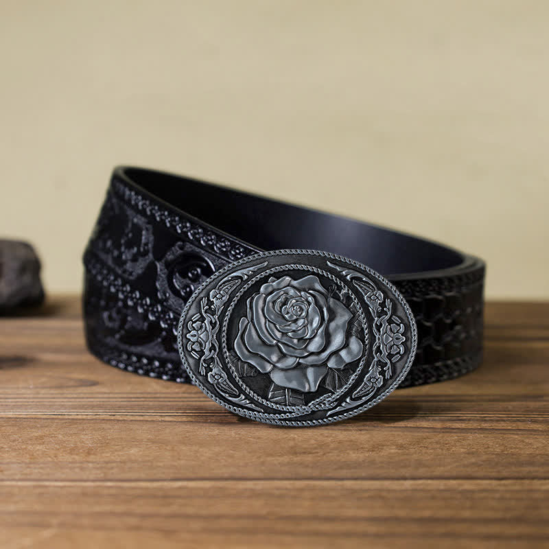 Men's DIY Trendy Western Rose Buckle Leather Belt - Antique Silver - Black Carved Belt (40) - image 17