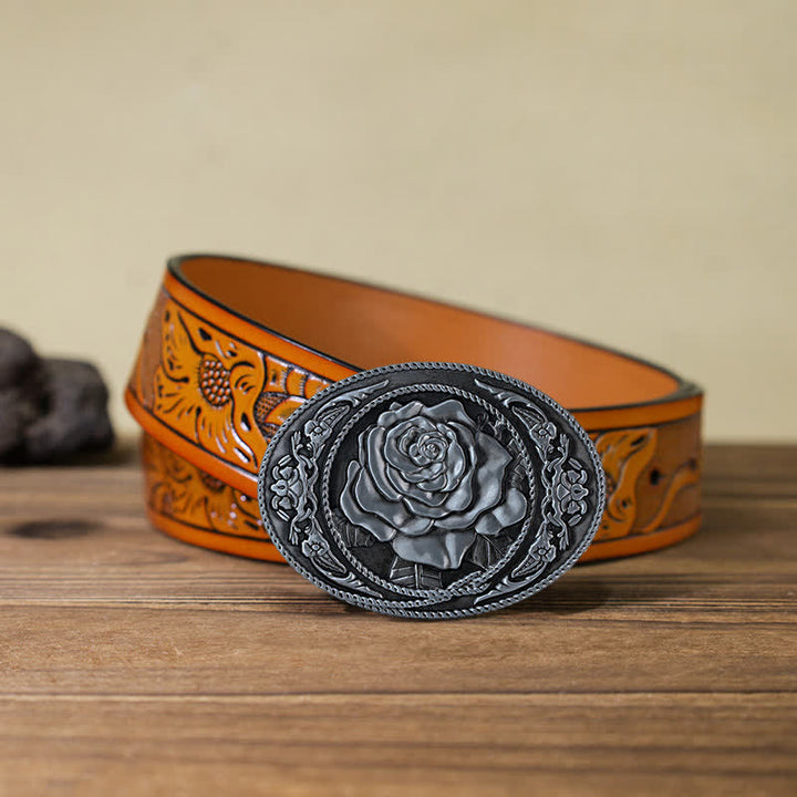 Men's DIY Trendy Western Rose Buckle Leather Belt - Antique Silver - Orange Carved Belt (40) - image 26