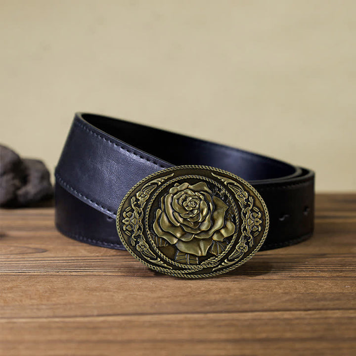 Men's DIY Trendy Western Rose Buckle Leather Belt - Antique Bronze - Black PU Belt (40) - image 7
