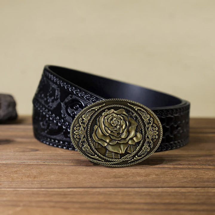 Men's DIY Trendy Western Rose Buckle Leather Belt - Antique Bronze - Black Carved Belt (40) - image 16