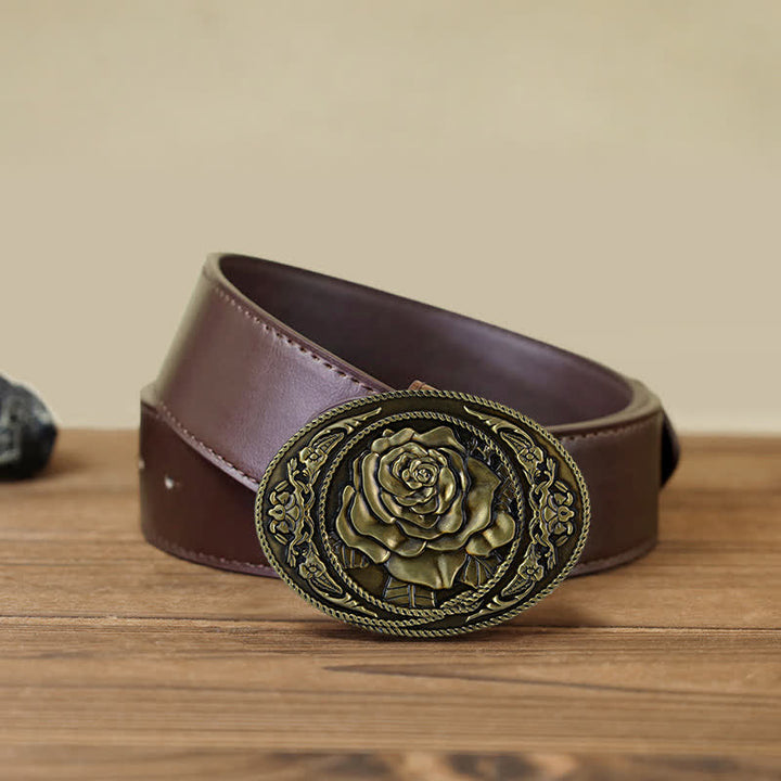 Men's DIY Trendy Western Rose Buckle Leather Belt - Antique Bronze - Brown PU Belt (40) - image 13