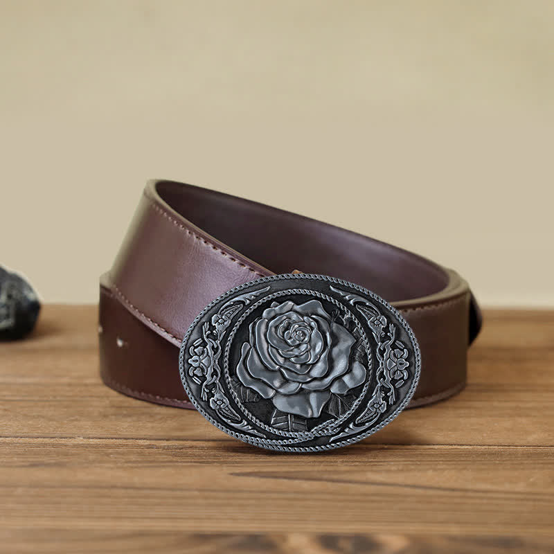 Men's DIY Trendy Western Rose Buckle Leather Belt - Antique Silver - Brown PU Belt (40) - image 14
