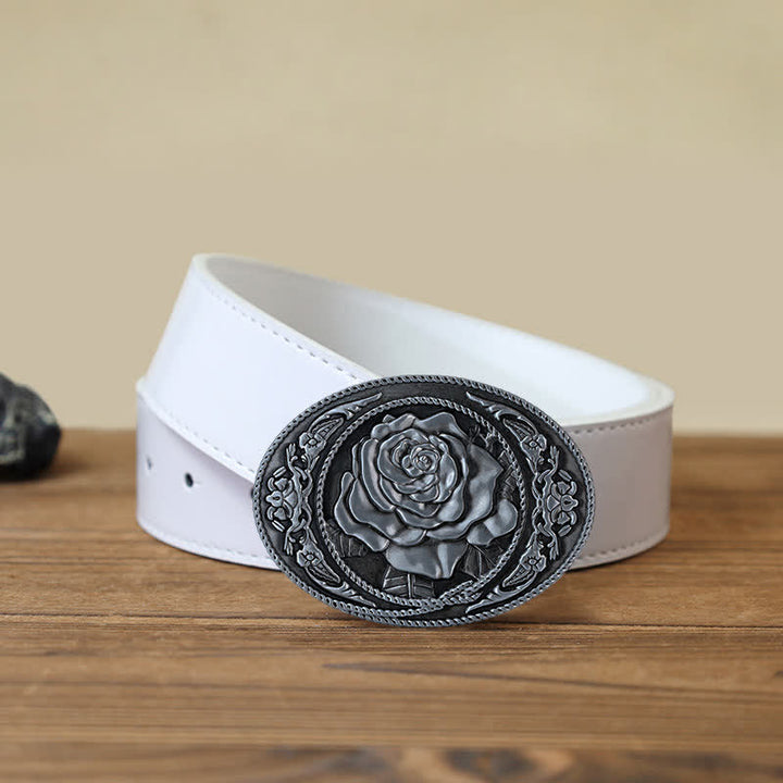 Men's DIY Trendy Western Rose Buckle Leather Belt - Antique Silver - White PU Belt (40) - image 11