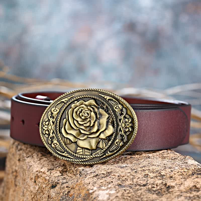 Men's DIY Trendy Western Rose Buckle Leather Belt - image 1