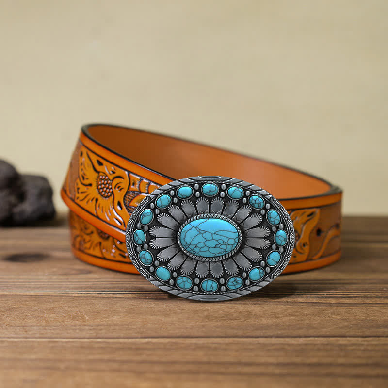 Men's DIY Dazzling Turquoise Buckle Leather Belt - Turquoise - Orange Carved Belt (40) - image 15
