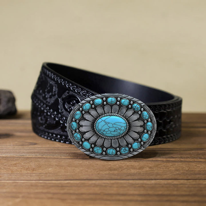 Men's DIY Dazzling Turquoise Buckle Leather Belt - Turquoise - Black Carved Belt (40) - image 9