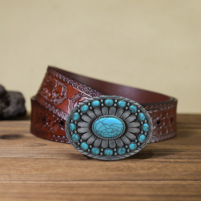 Men's DIY Dazzling Turquoise Buckle Leather Belt - Turquoise - Brown Carved Belt (40) - image 11
