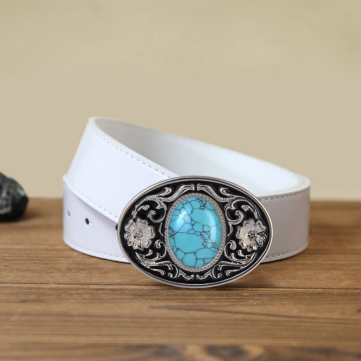 Men's DIY Turquoise Stone Western Buckle Leather Belt - Turquoise - White PU Belt (40) - image 6