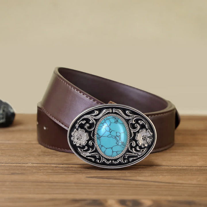 Men's DIY Turquoise Stone Western Buckle Leather Belt - Turquoise - Brown PU Belt (40) - image 8