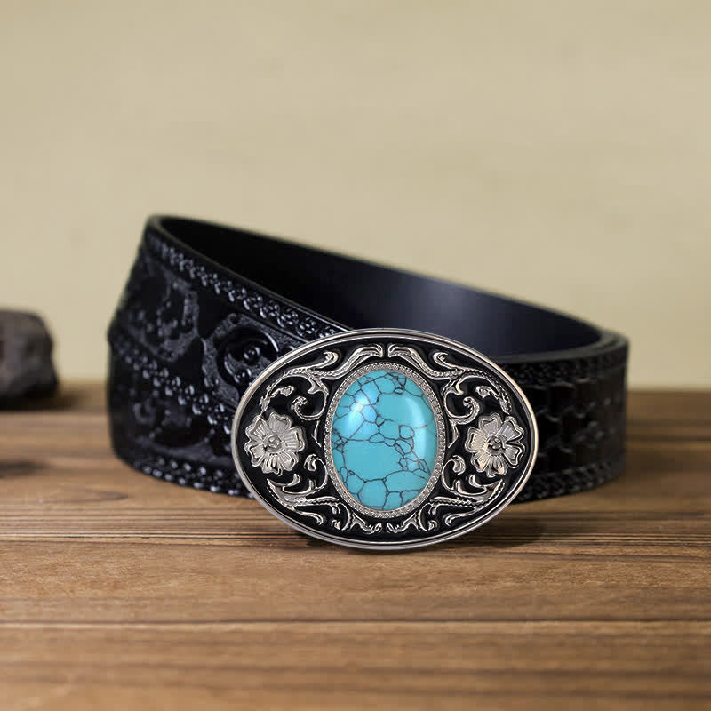 Men's DIY Turquoise Stone Western Buckle Leather Belt - Turquoise - Black Carved Belt (40) - image 10