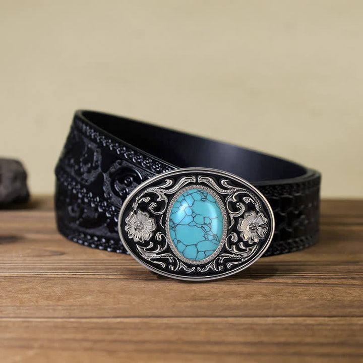 Men's DIY Turquoise Stone Western Buckle Leather Belt - Turquoise - Black Carved Belt (40) - image 10