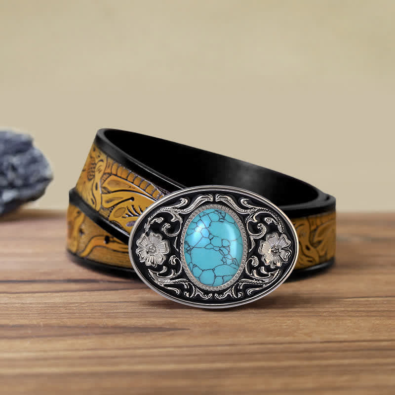 Men's DIY Turquoise Stone Western Buckle Leather Belt - Turquoise - SandyBrown Belt (40) - image 14