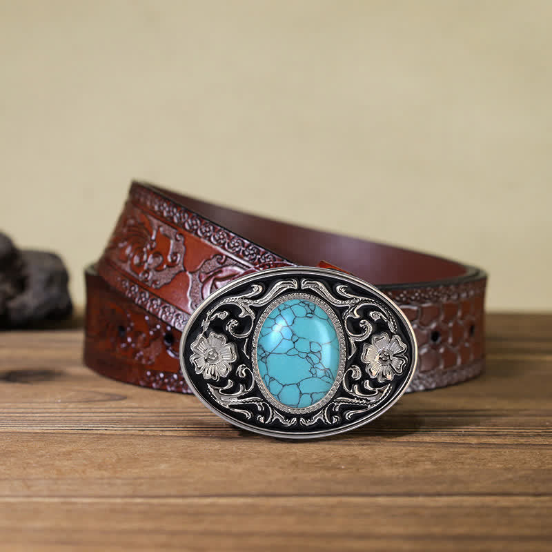 Men's DIY Turquoise Stone Western Buckle Leather Belt - Turquoise - Brown Carved Belt (40) - image 12
