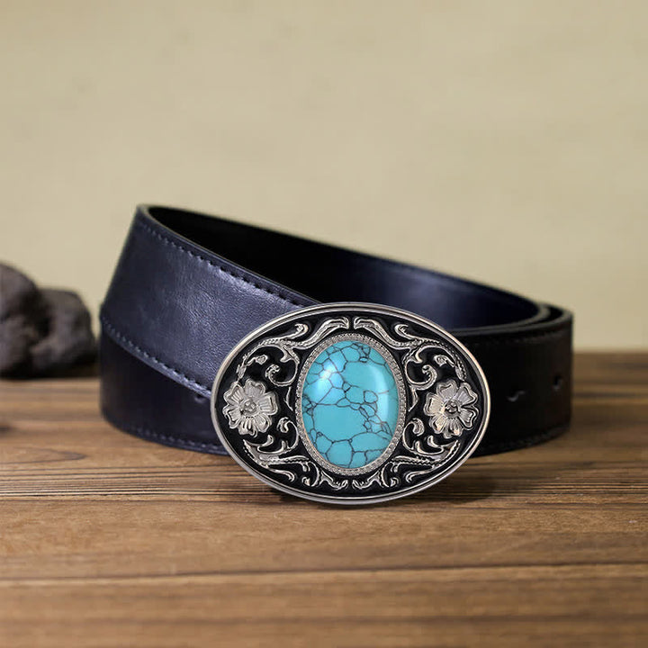 Men's DIY Turquoise Stone Western Buckle Leather Belt - Turquoise - Black PU Belt (40) - image 4