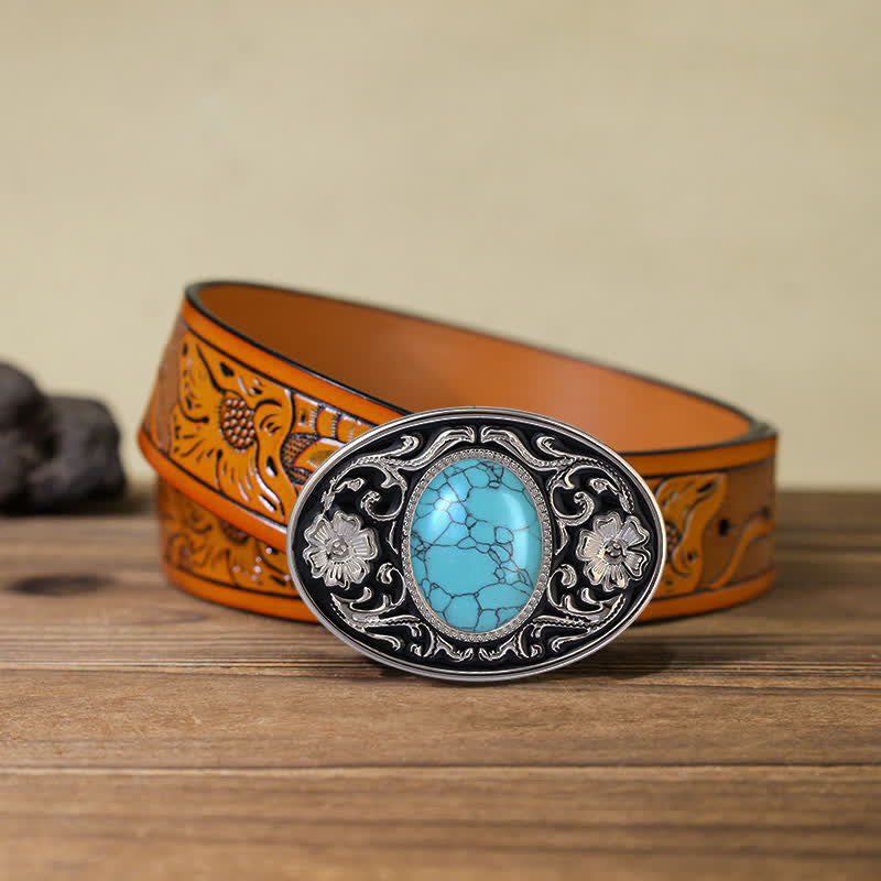 Men's DIY Turquoise Stone Western Buckle Leather Belt - Turquoise - Orange Carved Belt (40) - image 16