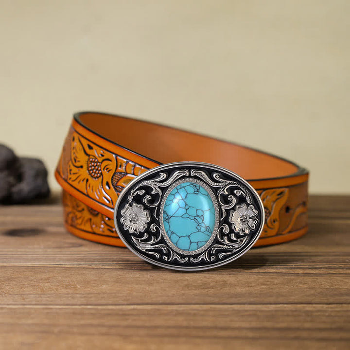 Men's DIY Turquoise Stone Western Buckle Leather Belt - Turquoise - Orange Carved Belt (40) - image 16