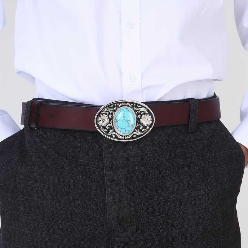 Men's DIY Turquoise Stone Western Buckle Leather Belt - image 2