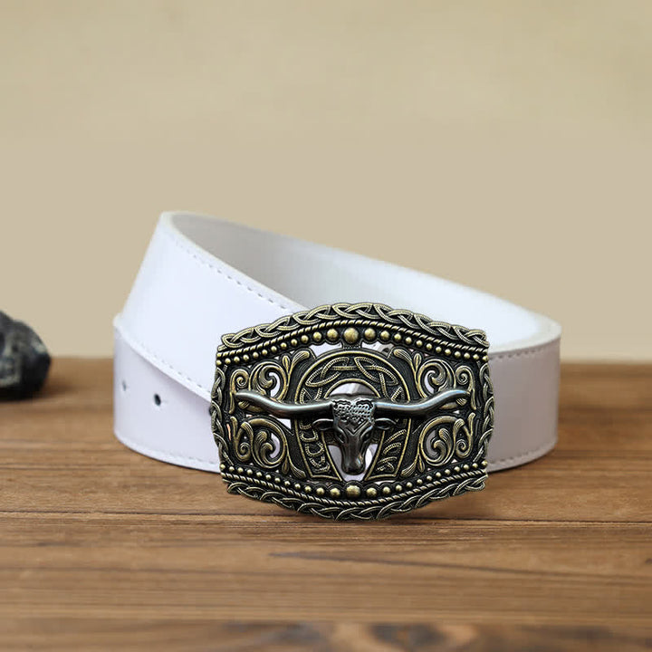 Men's DIY Hollow Bull Head Buckle Leather Belt - Bull Head - White PU Belt (40) - image 5