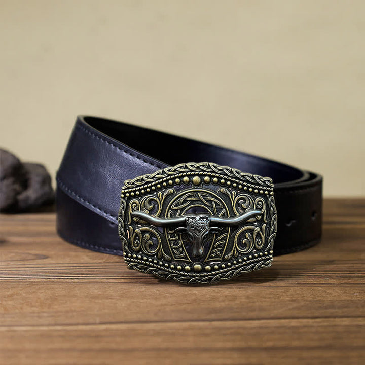 Men's DIY Hollow Bull Head Buckle Leather Belt - Bull Head - Black PU Belt (40) - image 3