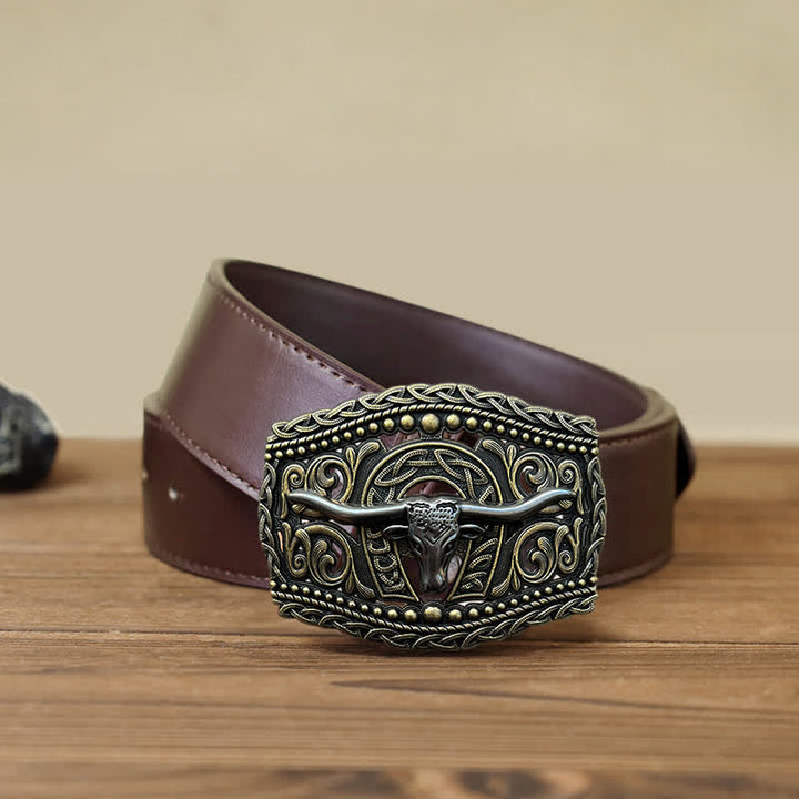 Men's DIY Hollow Bull Head Buckle Leather Belt - Bull Head - Brown PU Belt (40) - image 7