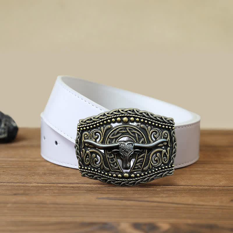 Men's DIY Hollow Bull Head Buckle Leather Belt - Bull Head - White PU Belt (40) - image 5