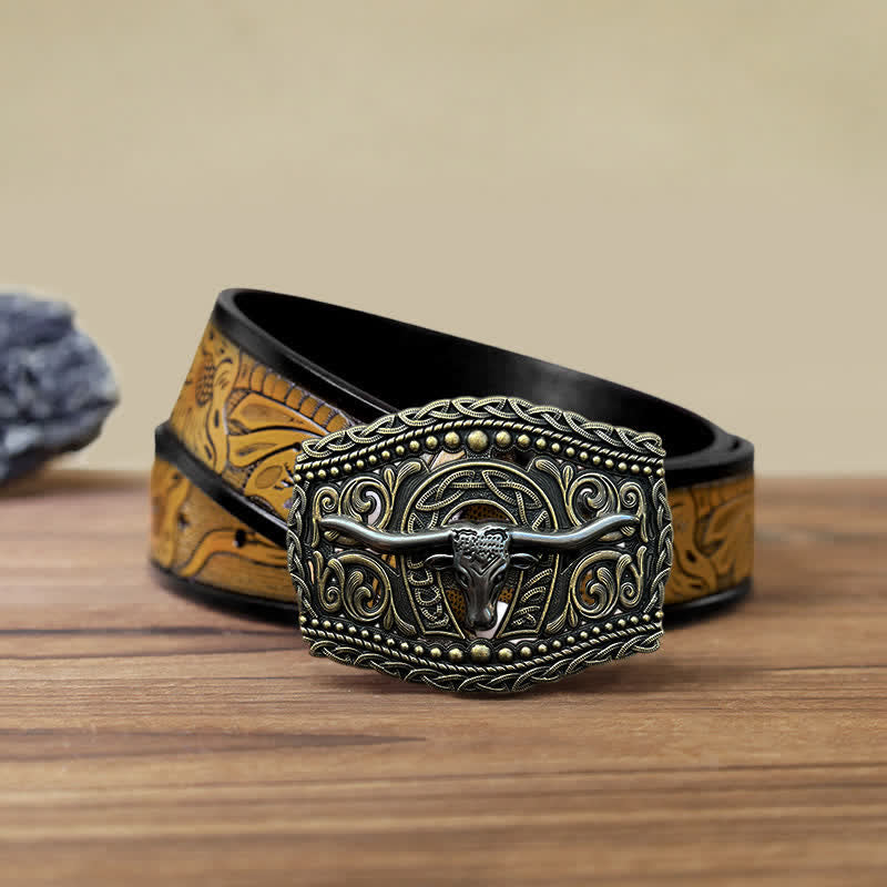 Men's DIY Hollow Bull Head Buckle Leather Belt - Bull Head - SandyBrown Belt (40) - image 13