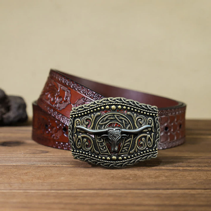 Men's DIY Hollow Bull Head Buckle Leather Belt - Bull Head - Brown Carved Belt (40) - image 11