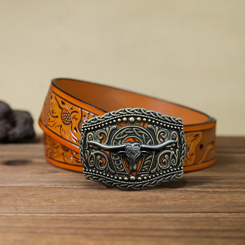 Men's DIY Hollow Bull Head Buckle Leather Belt - Bull Head - Orange Carved Belt (40) - image 15