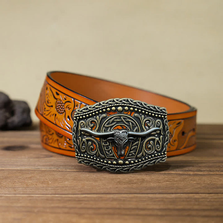 Men's DIY Hollow Bull Head Buckle Leather Belt - Bull Head - Orange Carved Belt (40) - image 15