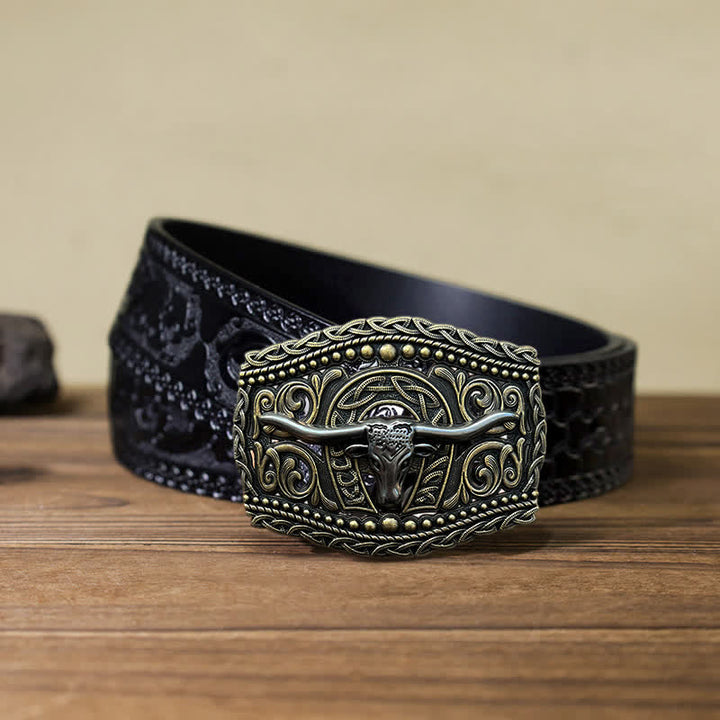 Men's DIY Hollow Bull Head Buckle Leather Belt - Bull Head - Black Carved Belt (40) - image 9