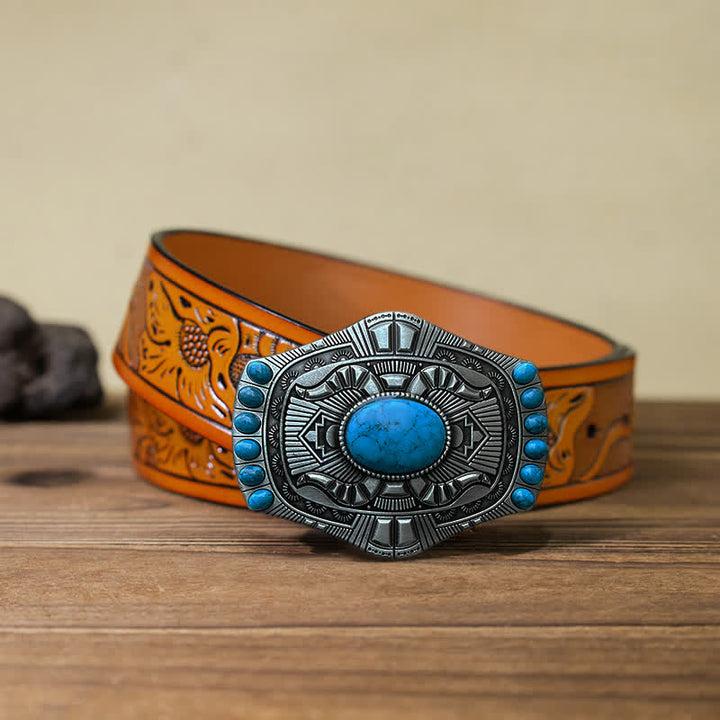 Men's DIY Artificial Turquoise Bohemia Buckle Leather Belt - Turquoise - Orange Carved Belt (40) - image 15