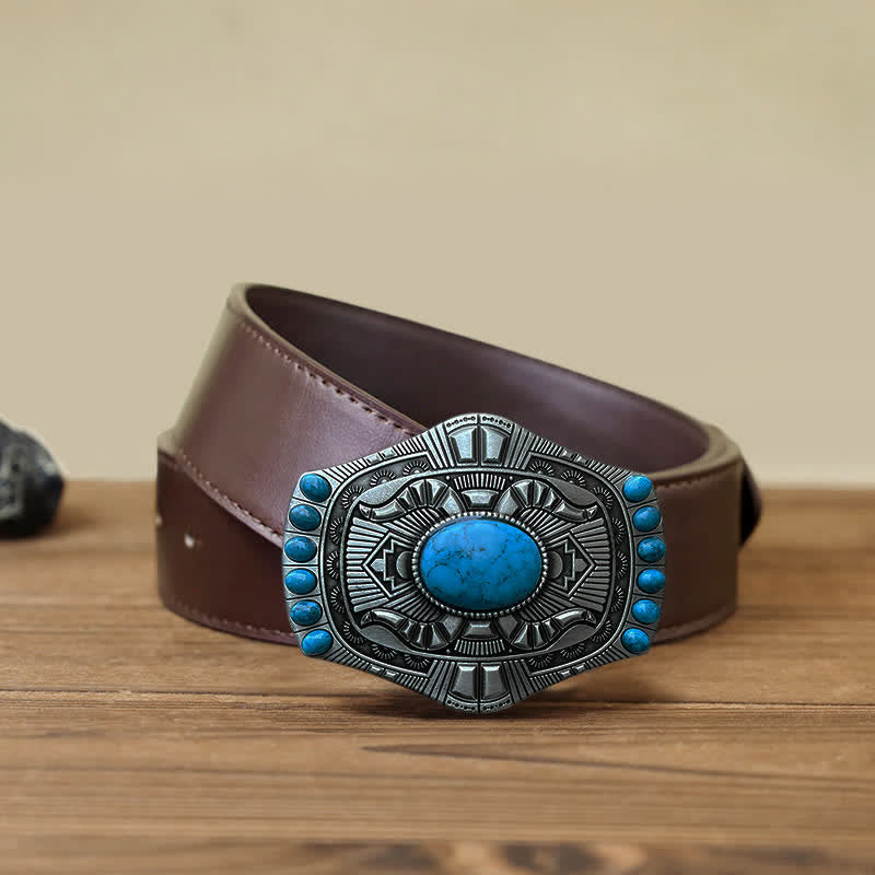 Men's DIY Artificial Turquoise Bohemia Buckle Leather Belt - Turquoise - Brown PU Belt (40) - image 7