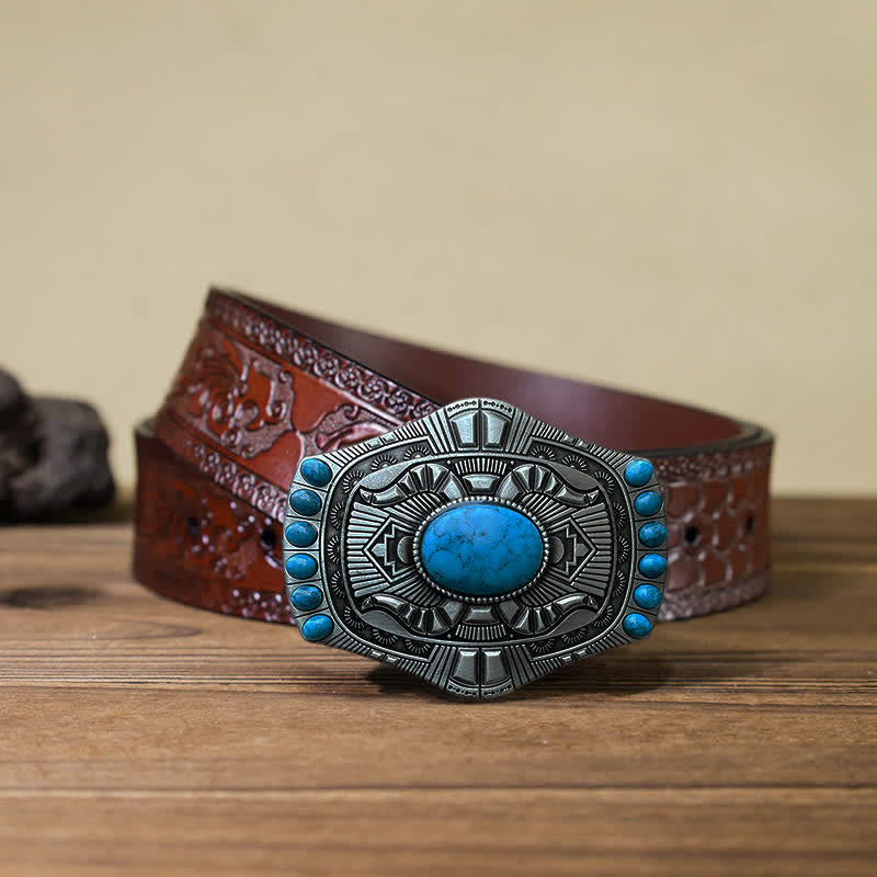 Men's DIY Artificial Turquoise Bohemia Buckle Leather Belt - Turquoise - Brown Carved Belt (40) - image 11