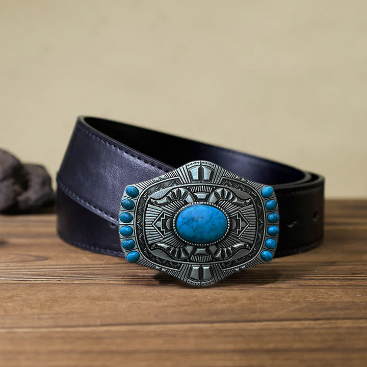 Men's DIY Artificial Turquoise Bohemia Buckle Leather Belt - Turquoise - Black PU Belt (40) - image 3