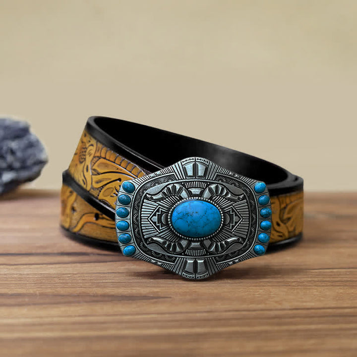 Men's DIY Artificial Turquoise Bohemia Buckle Leather Belt - Turquoise - SandyBrown Belt (40) - image 13