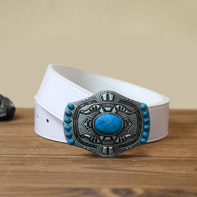 Men's DIY Artificial Turquoise Bohemia Buckle Leather Belt - Turquoise - White PU Belt (40) - image 5