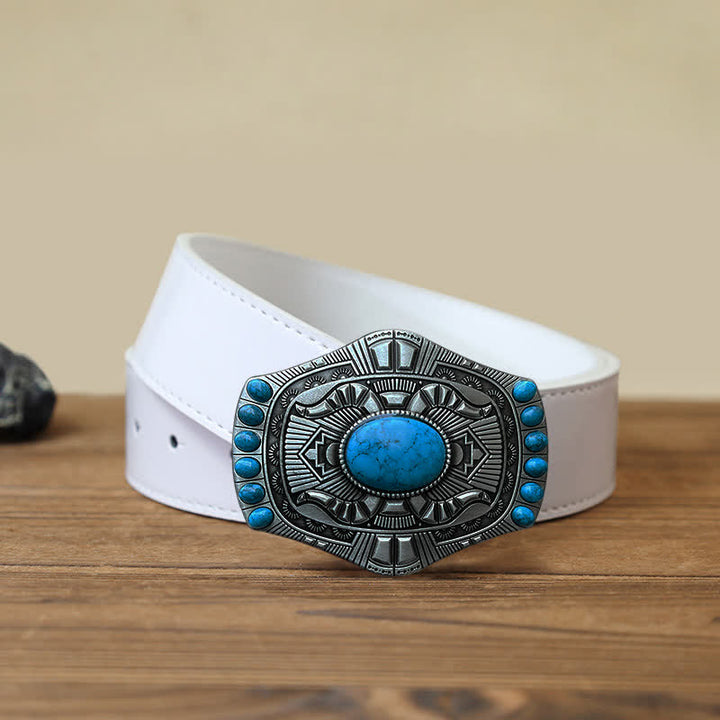 Men's DIY Artificial Turquoise Bohemia Buckle Leather Belt - Turquoise - White PU Belt (40) - image 5