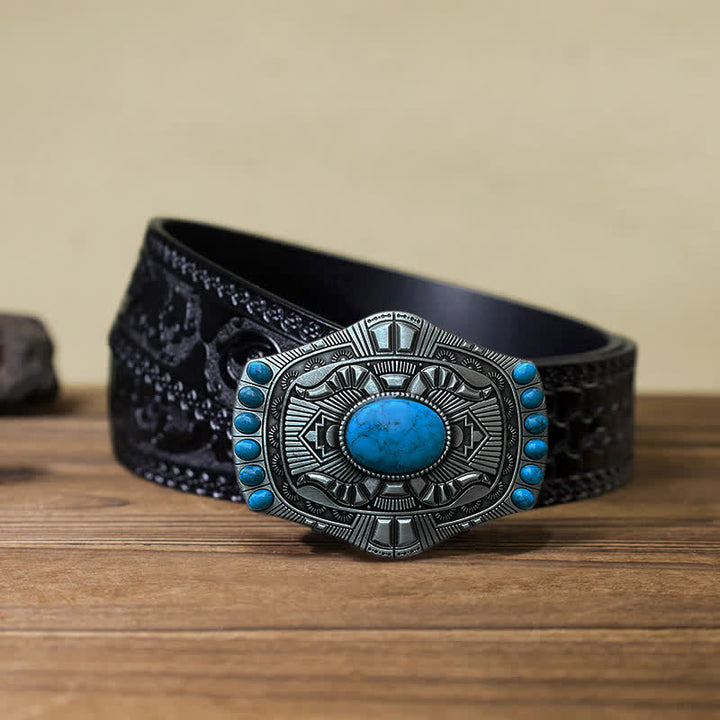 Men's DIY Artificial Turquoise Bohemia Buckle Leather Belt - Turquoise - Black Carved Belt (40) - image 9