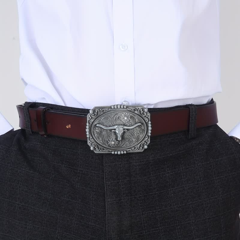 Men's DIY Longhorn Bull Head Buckle Leather Belt - image 2