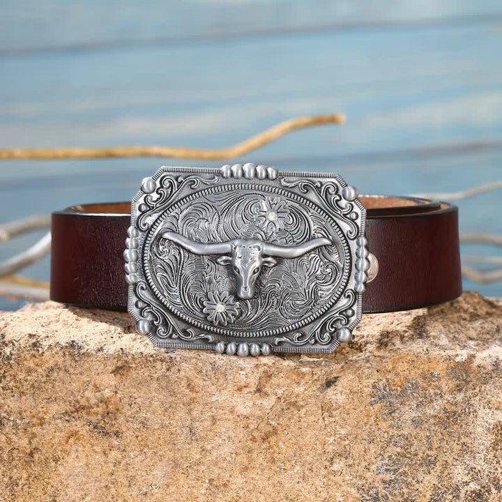 Men's DIY Longhorn Bull Head Buckle Leather Belt - image 3