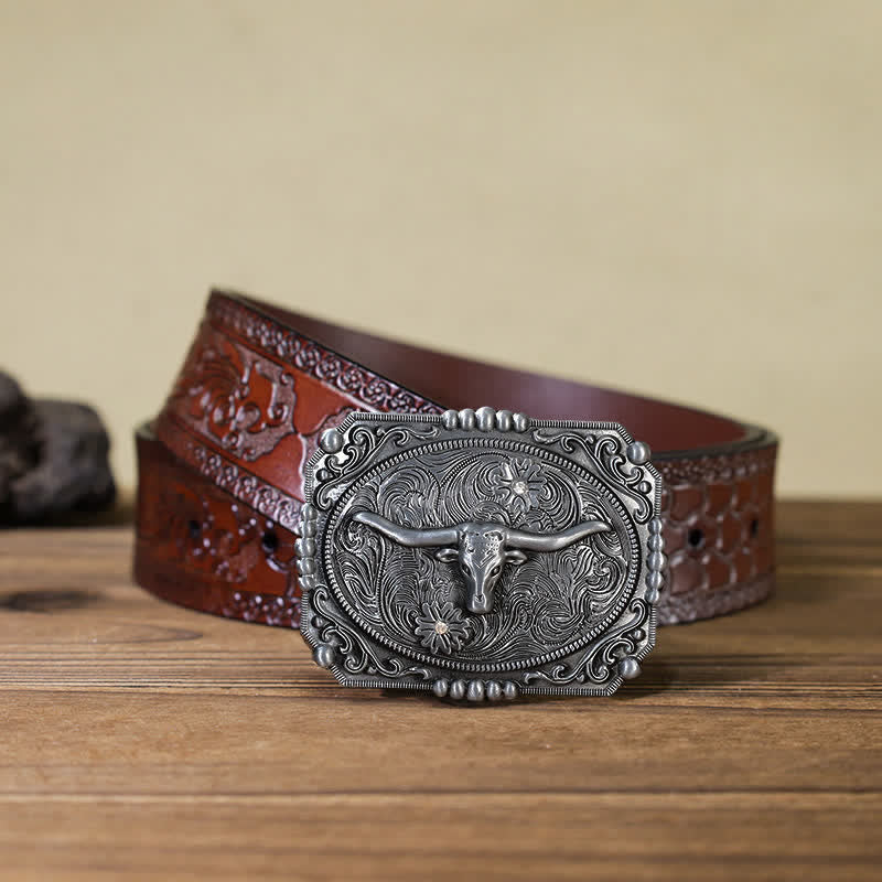 Men's DIY Longhorn Bull Head Buckle Leather Belt - Bull Head - Brown Carved Belt (40) - image 13