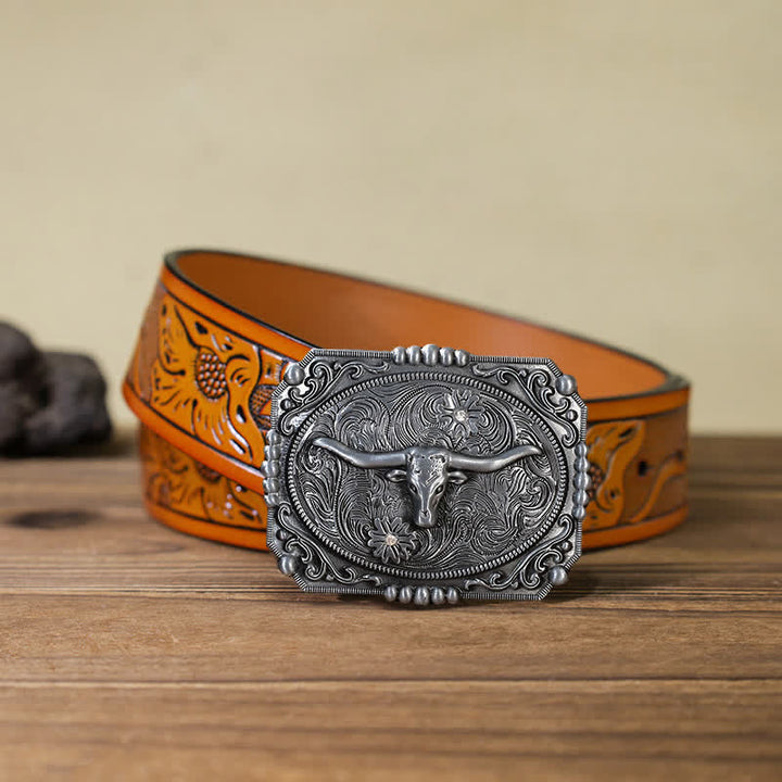 Men's DIY Longhorn Bull Head Buckle Leather Belt - Bull Head - Orange Carved Belt (40) - image 17