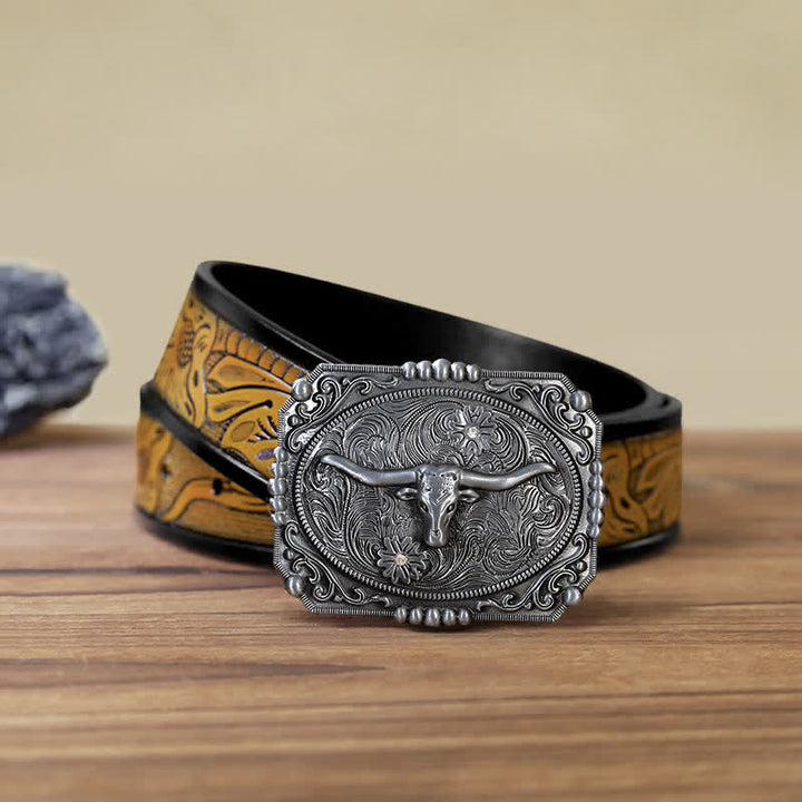 Men's DIY Longhorn Bull Head Buckle Leather Belt - Bull Head - SandyBrown Belt (40) - image 15