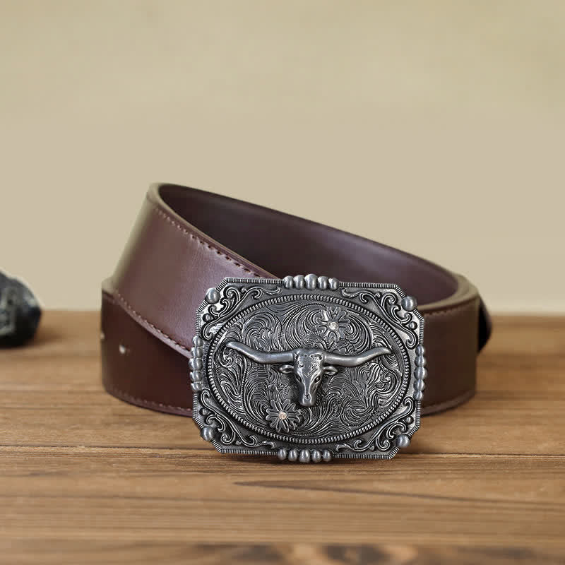 Men's DIY Longhorn Bull Head Buckle Leather Belt - Bull Head - Brown PU Belt (40) - image 9